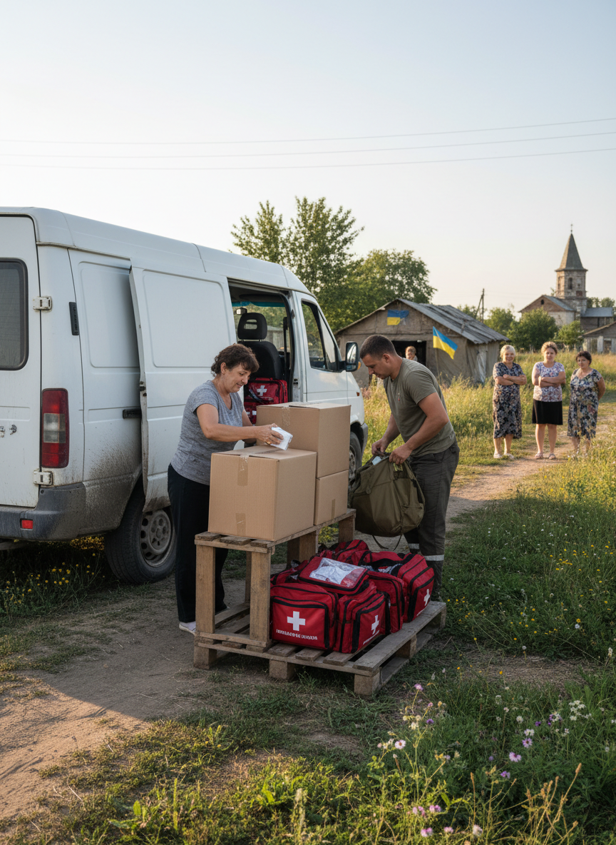 A documentary-style, respectful photograph of a small white humanitarian aid van parked near a community support point in the Kyiv region of Ukraine, with clearly visible medical aid boxes and first aid kits being prepared for distribution. Ukrainian setting, natural daylight, authentic humanitarian work, no logos, no readable text, no graphic injury or weapons, portrait composition.