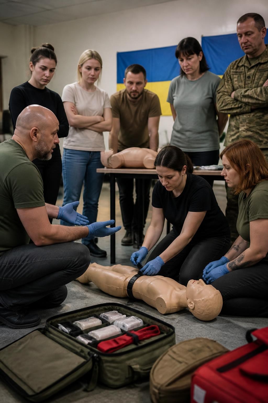 A respectful documentary-style photograph of a practical First Aid and Stop the Bleed training session in Ukraine, with diverse civilian and military adult participants learning hands-on emergency response skills from an instructor. Training room, first aid mannequins and medical supplies, focused atmosphere, no graphic injuries, no weapons, no readable text, portrait composition.