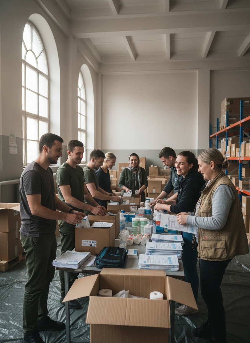 A respectful documentary-style photograph showing international volunteers and Ukrainian community partners preparing humanitarian aid and medical training materials together in Lviv, Ukraine. Friendly teamwork, boxes of first aid supplies, practical community support, natural light, no logos, no readable text, no graphic injury or weapons, portrait composition.
